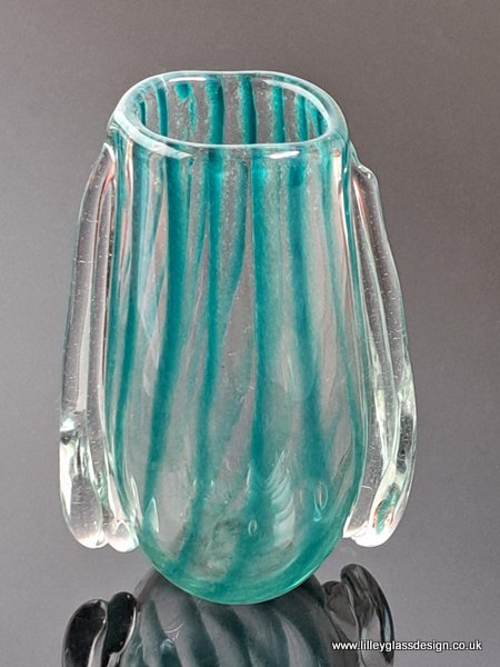 Tall green stripey blown glass vase