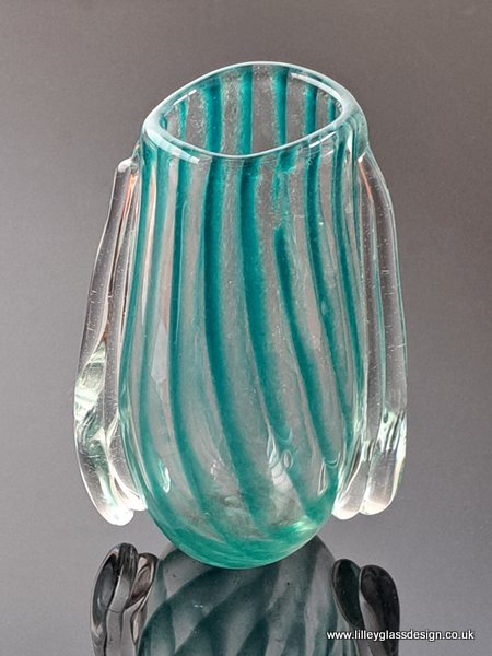 Tall green stripey blown glass vase - Image 2